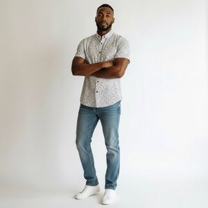 Desoto‎ Men's Dragon Fly Print Short Sleeve Button Donw Shirt White Navy Large